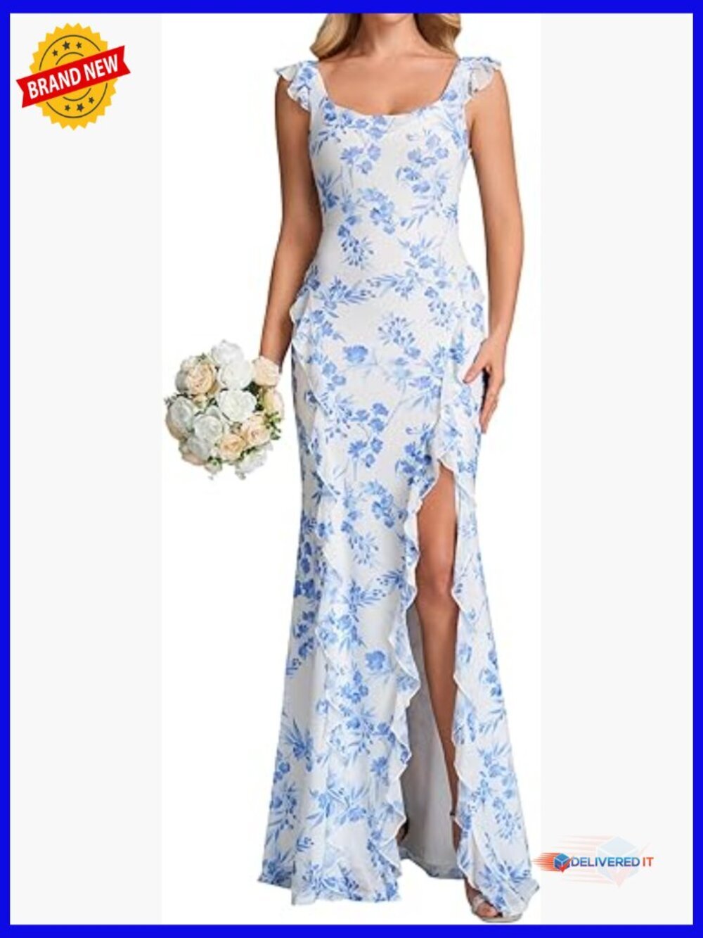 Sleeveless Square Neck Maxi Dress Ruffle Hem Bodycon Split Party Beach Wedding